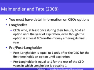 從薪酬制度讀 CEO 的行為心理學 5台北大學統計系 顏汝芳
10 CEO skills documented by Linked in
Be innovative
Communicate
Dare to take risk in business
Optimistic
Forward Thinking
Being a team leader
Being a decision maker
Be controlled of his/her emotion
Be tech savvy Be a catalyst for culture change
CEO overconfidence
 