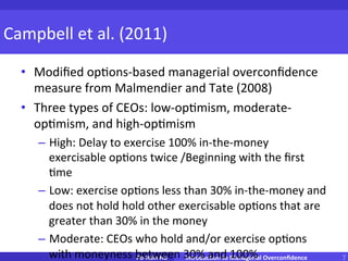 從薪酬制度讀 CEO 的行為心理學 7台北大學統計系 顏汝芳
Overconfident CEOs
• 蘋果共同創辦人 史提夫·賈伯斯(Steve Jobs)
• 臉書執行長 馬克·祖克柏(Mark Zuckerberg)
• 特斯拉執行長 伊隆馬斯克(Elon musk)
Joel Peterson, a professor at Stanford University's Graduate
School of Business, calls such people “productive narcissists.”(產
品自戀者)
Vinod Khosla, a longtime venture capitalist, describes "unbridled
confidence and arrogance" as key characteristics for successful
business visionaries.
Complete context please refer to The Wall Street Journal on
October 8, 2011 with title “Who will be the next Steve Jobs.”
 