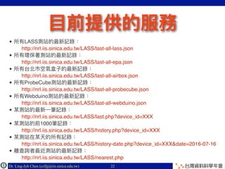 Dr. Ling-Jyh Chen (cclljj@iis.sinica.edu.tw) Copyright © 201622
• LASS  
http://nrl.iis.sinica.edu.tw/LASS/last-all-lass.json
•  
http://nrl.iis.sinica.edu.tw/LASS/last-all-epa.json
•  
http://nrl.iis.sinica.edu.tw/LASS/last-all-airbox.json
• ProbeCube  
http://nrl.iis.sinica.edu.tw/LASS/last-all-probecube.json
• Webduino  
http://nrl.iis.sinica.edu.tw/LASS/last-all-webduino.json
•  
http://nrl.iis.sinica.edu.tw/LASS/last.php?device_id=XXX
• 1000  
http://nrl.iis.sinica.edu.tw/LASS/history.php?device_id=XXX
•  
http://nrl.iis.sinica.edu.tw/LASS/history-date.php?device_id=XXX&date=2016-07-16
•  
http://nrl.iis.sinica.edu.tw/LASS/nearest.php
 