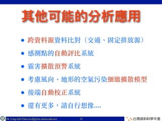 Dr. Ling-Jyh Chen (cclljj@iis.sinica.edu.tw) Copyright © 2016
• 跨資料源資料比對（交通、固定排放源）
• 感測點的⾃動評比系統
• 霾害擴散預警系統
• 考慮風向、地形的空氣污染細緻擴散模型
• 後端⾃動校正系統
• 還有更多，請⾃⾏想像....
33
 