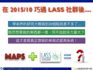 Dr. Ling-Jyh Chen (cclljj@iis.sinica.edu.tw) Copyright © 2016
2015/10 LASS ....
8
MAPS
20 ....
 