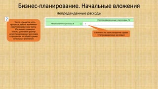 Бизнес-планирование. Начальные вложения
Непредвиденные расходы
Кликните на поле напротив строки
«Непредвиденные расходы»
Часто случается что в
процессе работы возникают
незапланированные траты.
Их можно примерно
учесть, установив размер
незапланированных расходов
в процентах от общей суммы
начальных вложений.
?
 