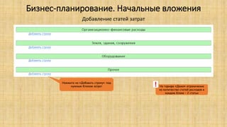 Бизнес-планирование. Начальные вложения
Добавление статей затрат
Нажмите на «Добавить строку» под
нужным блоком затрат На тарифе «Демо» ограничение
на количество статей расходов в
каждом блоке – 2 статьи
!
 