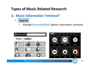 Types of Music Related Research
3. Music information “retrieval”
• Search
‒ through keywords/labels (genre, instrument, emotion)
11
 