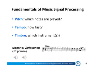 Fundamentals of Music Signal Processing
• Pitch: which notes are played?
• Tempo: how fast?
• Timbre: which instrument(s)?
18
Mozart’s Variationen
(1st phrase)
 