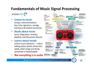 Fundamentals of Music Signal Processing
22
• Listens to music
tempo, instrumentation,
key, time signature, energy,
harmonic & timbral structures
• Reads about music
lyrics, blog posts, reviews,
playlists and discussion forums
• Learns about trends
online music behavior — who's
talking about which artists this
week, what songs are being
streamed or downloaded
• Not everything is in audio
 