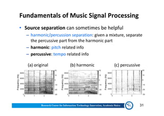 • Source separation can sometimes be helpful
‒ harmonic/percussion separation: given a mixture, separate
the percussive part from the harmonic part
‒ harmonic: pitch related info
‒ percussive: tempo related info
Fundamentals of Music Signal Processing
31
(a) original (b) harmonic (c) percussive
 