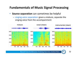 • Source separation can sometimes be helpful
‒ singing voice separation: given a mixture, separate the
singing voice from the accompaniment
Fundamentals of Music Signal Processing
32
 