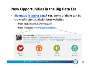 New Opportunities in the Big Data Era
• Big music listening data? Yes, some of them can be
crawled from social platform websites
‒ from last.fm API, EchoNest API
‒ from Twitter: #nowplaying dataset
36
 