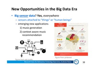 New Opportunities in the Big Data Era
• Big sensor data? Yes, everywhere
─ sensors attached to “things” or “human beings”
─ emerging new applications
1) music generation
2) context aware music
recommendation
38
figure from pinterest
figure from ask.audio
 