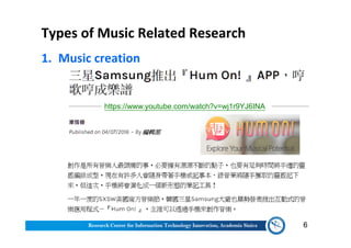 Types of Music Related Research
1. Music creation
6
https://www.youtube.com/watch?v=wj1r9YJ6INA
 