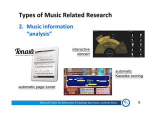 Types of Music Related Research
2. Music information
“analysis”
9
automatic page turner
automatic
Karaoke scoring
interactive
concert
 