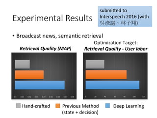 Experimental Results
•  Broadcast	news,	seman4c	retrieval	
Retrieval	Quality	(MAP)	
Op4miza4on	Target:	
Retrieval	Quality	-	User	labor
Hand-cra{ed
 Deep	Learning
Previous	Method
(state	+	decision)
submifed	to	
Interspeech	2016	(with	
吳彥諶、林子翔)
 