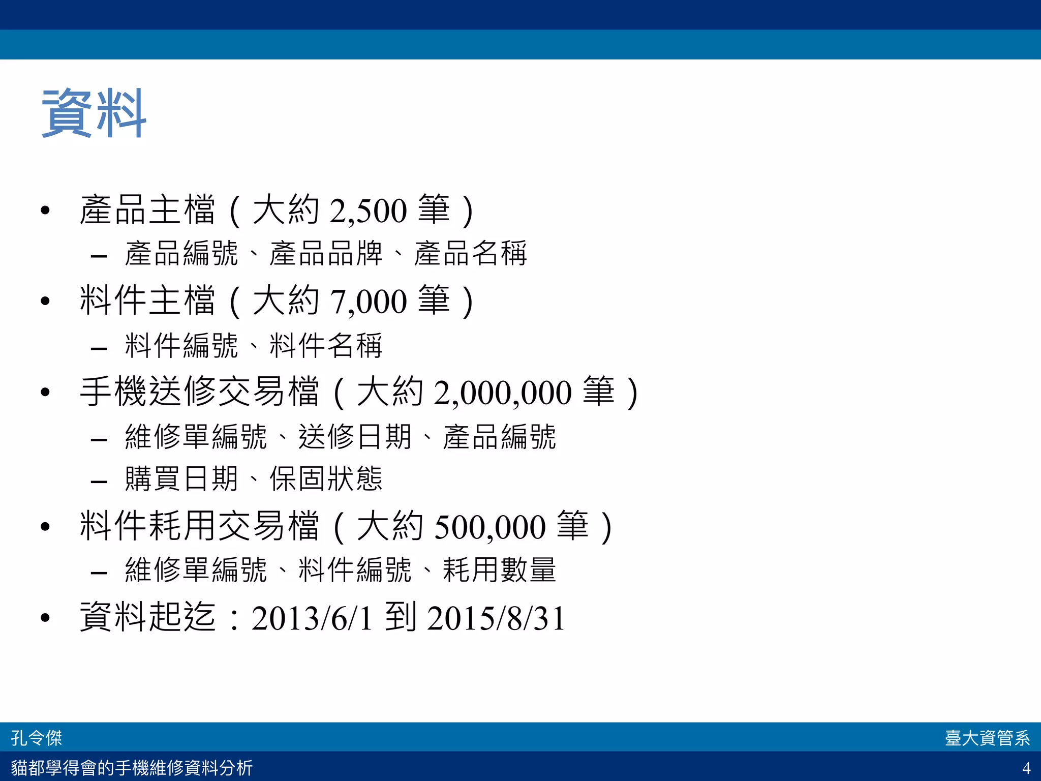 4
資料
•  產品主檔（大約 2,500 筆）
–  產品編號、產品品牌、產品名稱
•  料件主檔（大約 7,000 筆）
–  料件編號、料件名稱
•  手機送修交易檔（大約 2,000,000 筆）
–  維修單編號、送修日期、產品編號
–  購買日期、保固狀態
•  料件耗用交易檔（大約 500,000 筆）
–  維修單編號、料件編號、耗用數量
•  資料起迄：2013/6/1 到 2015/8/31
 