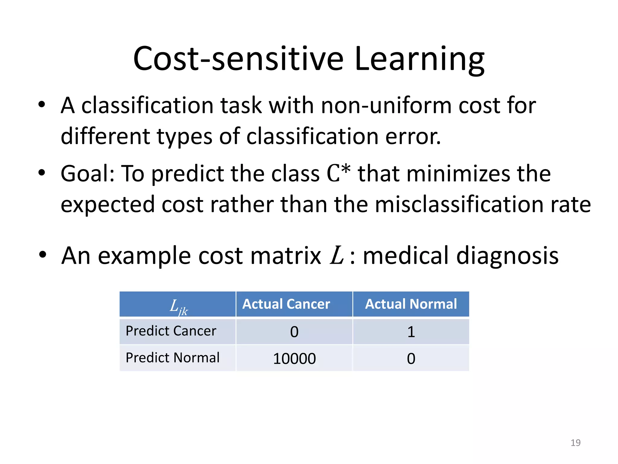 Cost-sensitive Learning
• A classification task with non-uniform cost for
different types of classification error.
• Goal: To predict the class C* that minimizes the
expected cost rather than the misclassification rate
• An example cost matrix L : medical diagnosis
Ljk
Actual Cancer Actual Normal
Predict Cancer 0 1
Predict Normal 10000 0
19
 