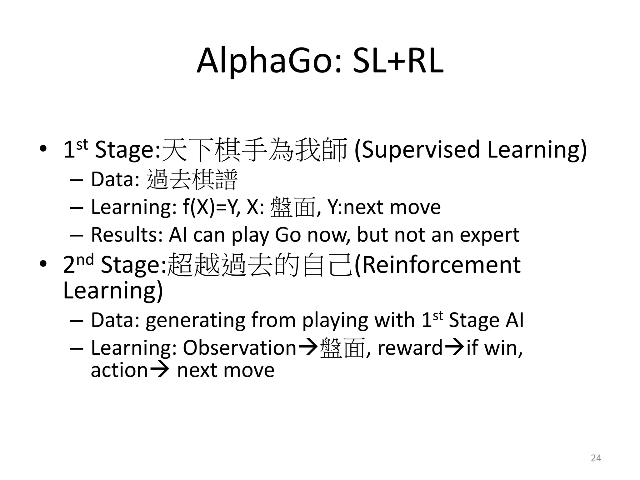 • 1st Stage:天下棋手為我師 (Supervised Learning)
– Data: 過去棋譜
– Learning: f(X)=Y, X: 盤面, Y:next move
– Results: AI can play Go now, but not an expert
• 2nd Stage:超越過去的自己(Reinforcement
Learning)
– Data: generating from playing with 1st Stage AI
– Learning: Observation盤面, rewardif win,
action next move
AlphaGo: SL+RL
24
 