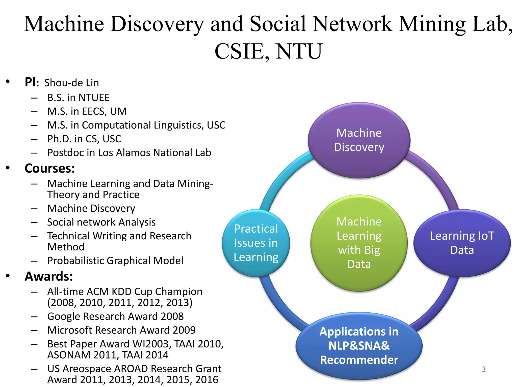 Machine Discovery and Social Network Mining Lab,
CSIE, NTU
• PI: Shou-de Lin
– B.S. in NTUEE
– M.S. in EECS, UM
– M.S. in Computational Linguistics, USC
– Ph.D. in CS, USC
– Postdoc in Los Alamos National Lab
• Courses:
– Machine Learning and Data Mining-
Theory and Practice
– Machine Discovery
– Social network Analysis
– Technical Writing and Research
Method
– Probabilistic Graphical Model
• Awards:
– All-time ACM KDD Cup Champion
(2008, 2010, 2011, 2012, 2013)
– Google Research Award 2008
– Microsoft Research Award 2009
– Best Paper Award WI2003, TAAI 2010,
ASONAM 2011, TAAI 2014
– US Areospace AROAD Research Grant
Award 2011, 2013, 2014, 2015, 2016
Machine
Learning
with Big
Data
Machine
Discovery
Learning IoT
Data
Applications in
NLP&SNA&
Recommender
Practical
Issues in
Learning
3
 