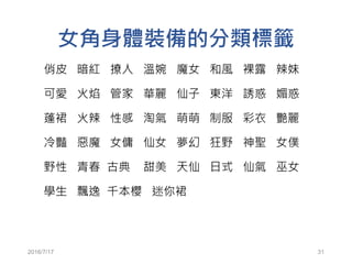 女角身體裝備的分類標籤
俏皮 暗紅 撩人 溫婉 魔女 和風 裸露 辣妹
可愛 火焰 管家 華麗 仙子 東洋 誘惑 媚惑
蓬裙 火辣 性感 淘氣 萌萌 制服 彩衣 艷麗
冷豔 惡魔 女傭 仙女 夢幻 狂野 神聖 女僕
野性 青春 古典 甜美 天仙 日式 仙氣 巫女
學生 飄逸 千本櫻 迷你裙
2016/7/17 31
 