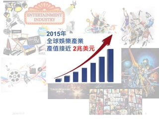 2016/7/17 9
2015年
全球娛樂產業
產值接近 2兆美元
 
