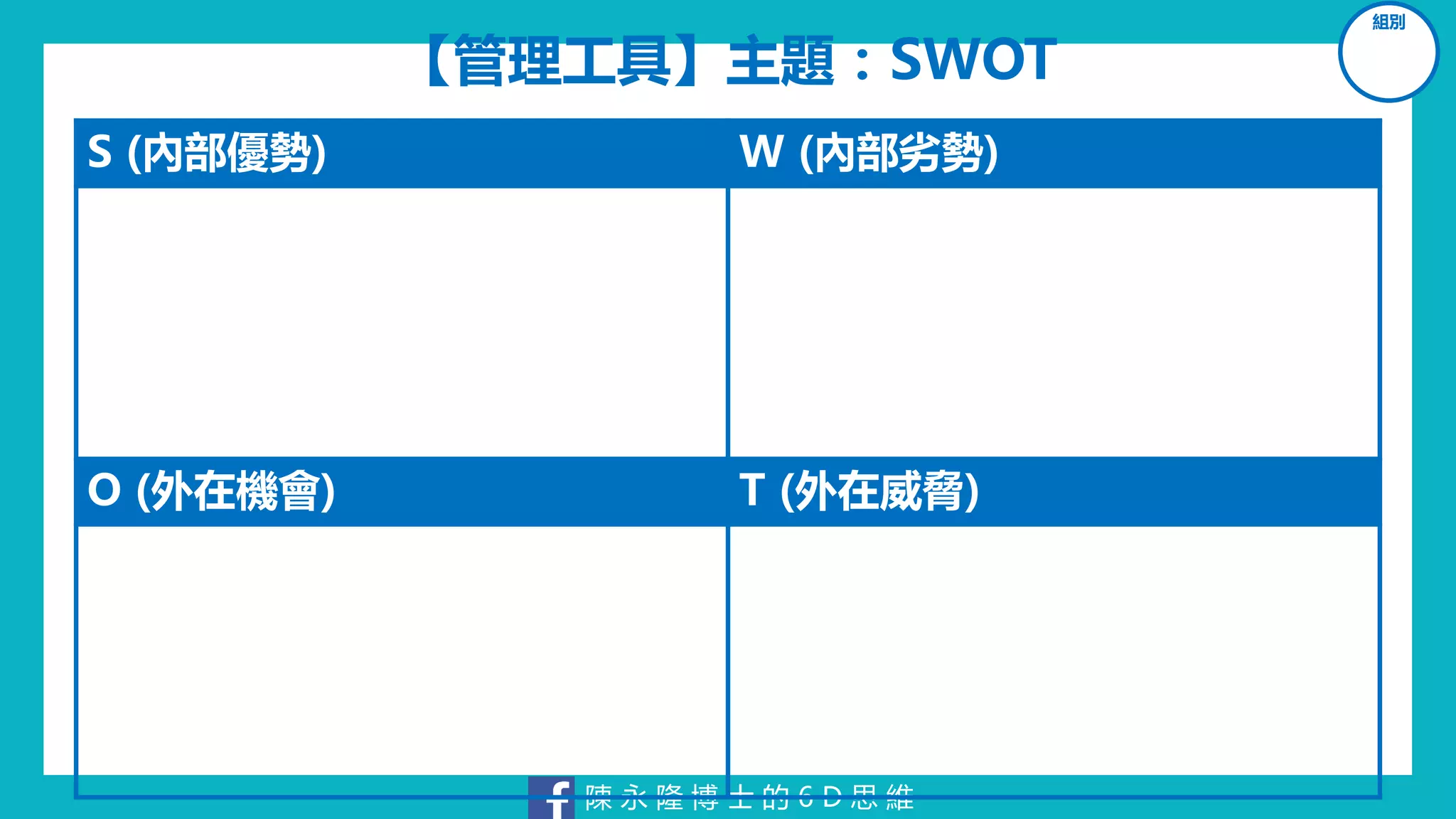 陳 永 隆 博 士 的 6 D 思 維
【管理工具】主題：SWOT
組別
S (內部優勢) W (內部劣勢)
O (外在機會) T (外在威脅)
 