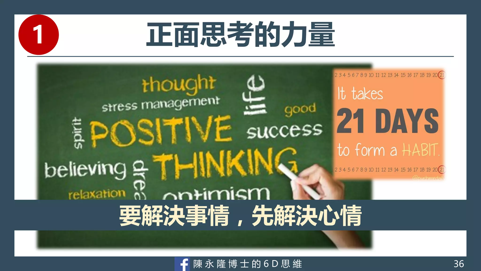 陳 永 隆 博 士 的 6 D 思 維
正面思考的力量
要解決事情，先解決心情
36
1
 
