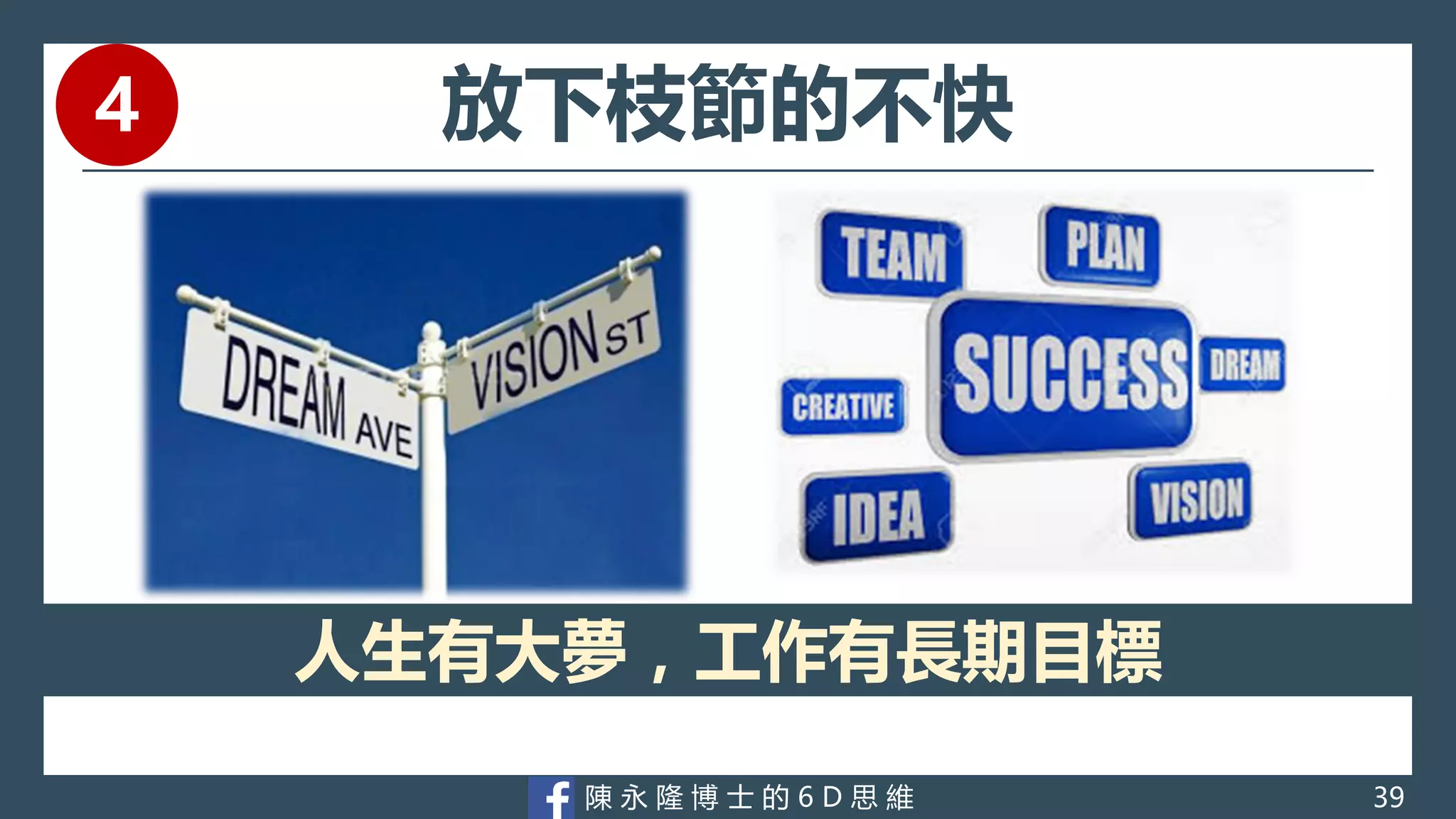 陳 永 隆 博 士 的 6 D 思 維
放下枝節的不快
人生有大夢，工作有長期目標
39
4
 