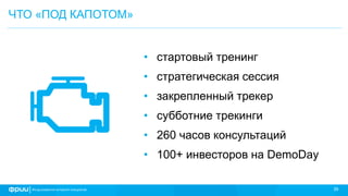 39
ЧТО «ПОД КАПОТОМ»
• стартовый тренинг
• стратегическая сессия
• закрепленный трекер
• субботние трекинги
• 260 часов консультаций
• 100+ инвесторов на DemoDay
 