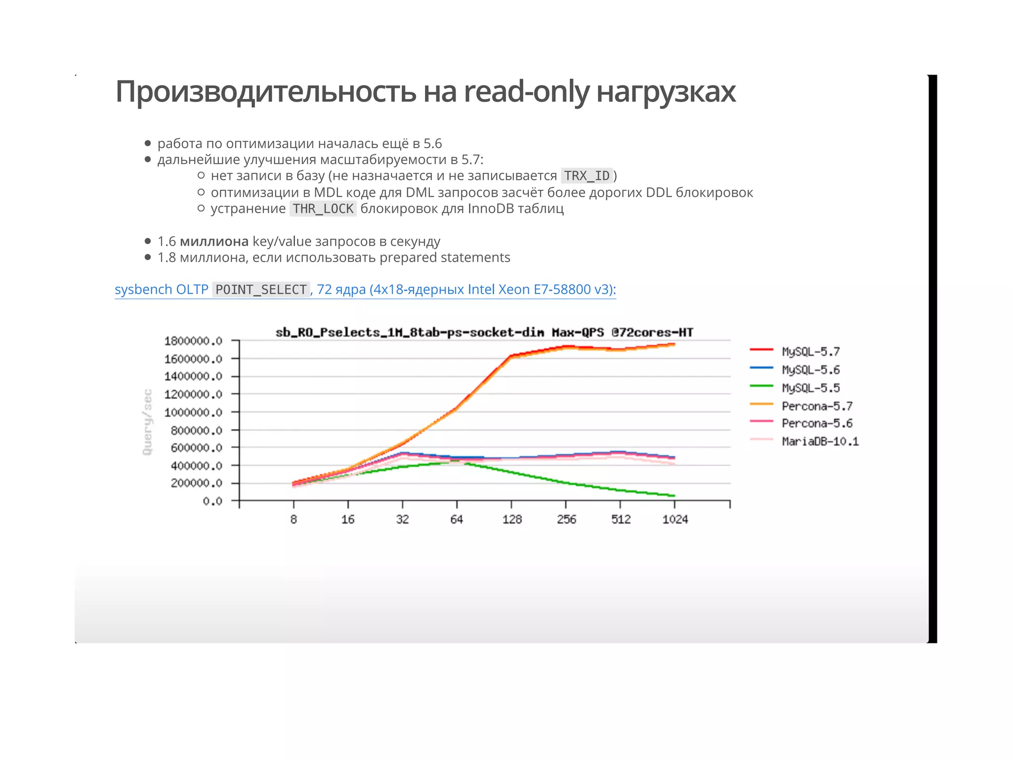 Производительность на read-only нагрузках
sysbench OLTP POINT_SELECT , 72 ядра (4x18-ядерных Intel Xeon E7-58800 v3):
работа по оптимизации началась ещё в 5.6
дальнейшие улучшения масштабируемости в 5.7:
1.6 миллиона key/value запросов в секунду
1.8 миллиона, если использовать prepared statements
нет записи в базу (не назначается и не записывается TRX_ID )
оптимизации в MDL коде для DML запросов засчёт более дорогих DDL блокировок
устранение THR_LOCK блокировок для InnoDB таблиц
 
