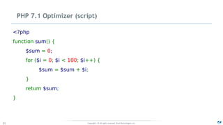 Copyright - © All rights reserved. Zend Technologies, Inc.32
PHP 7.1 Optimizer (script)
<?php
function sum() {
$sum = 0;
for ($i = 0; $i < 100; $i++) {
$sum = $sum + $i;
}
return $sum;
}
 