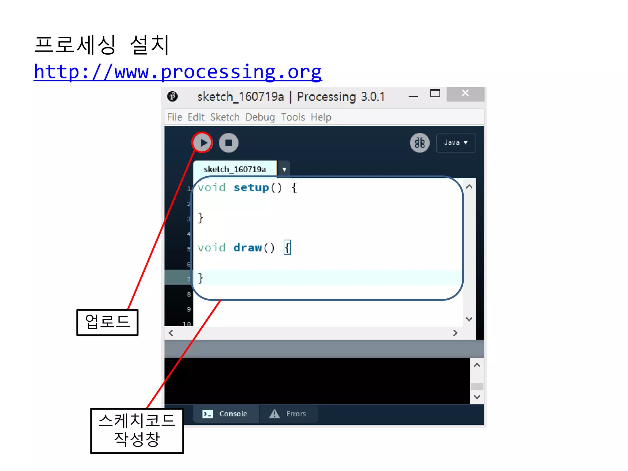 업로드
스케치코드
작성창
프로세싱 설치
http://www.processing.org
 
