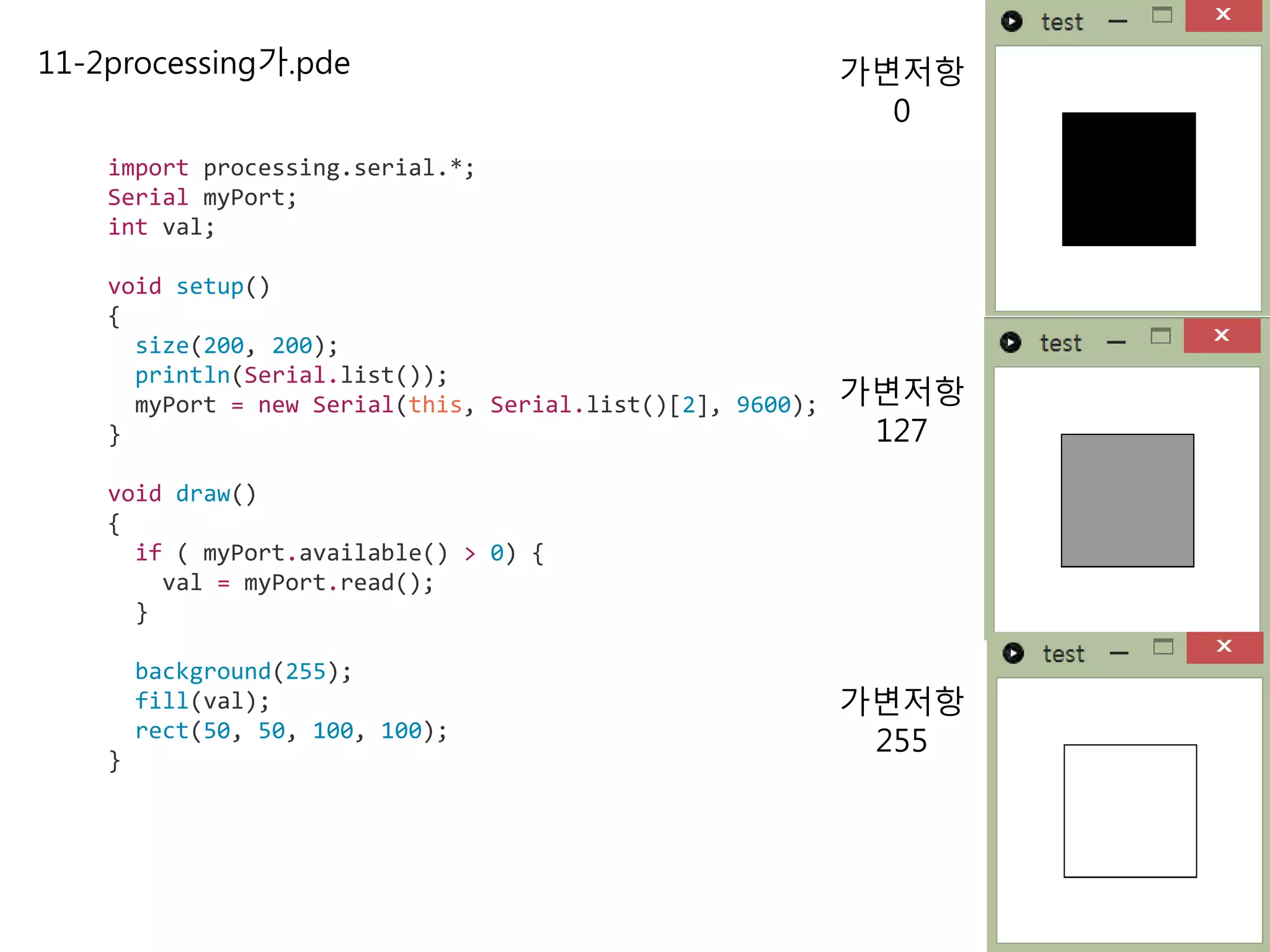 11-2processing가.pde
import processing.serial.*;
Serial myPort;
int val;
void setup()
{
size(200, 200);
println(Serial.list());
myPort = new Serial(this, Serial.list()[2], 9600);
}
void draw()
{
if ( myPort.available() > 0) {
val = myPort.read();
}
background(255);
fill(val);
rect(50, 50, 100, 100);
}
가변저항
0
가변저항
127
가변저항
255
 