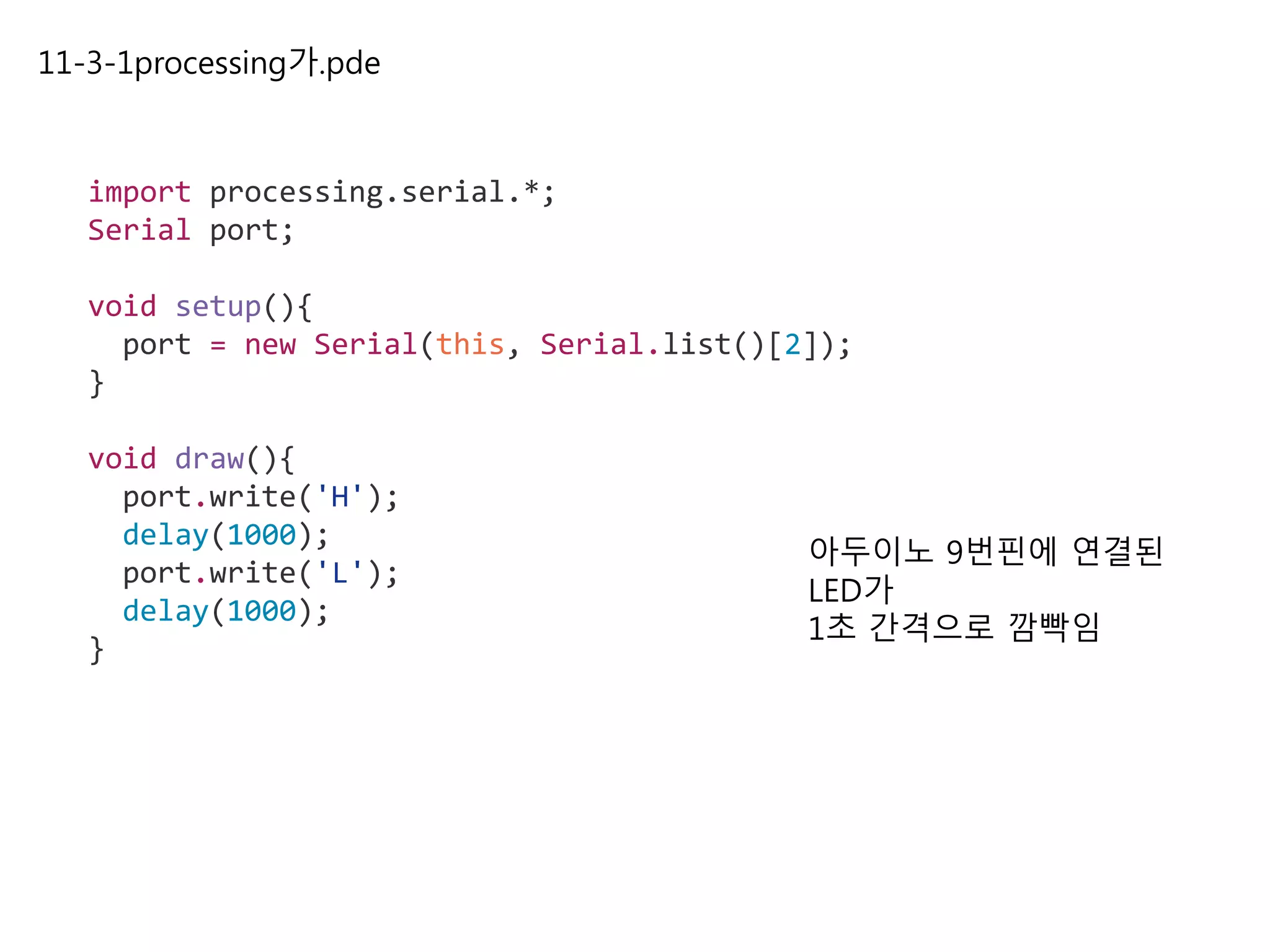 11-3-1processing가.pde
import processing.serial.*;
Serial port;
void setup(){
port = new Serial(this, Serial.list()[2]);
}
void draw(){
port.write('H');
delay(1000);
port.write('L');
delay(1000);
}
아두이노 9번핀에 연결된
LED가
1초 간격으로 깜빡임
 