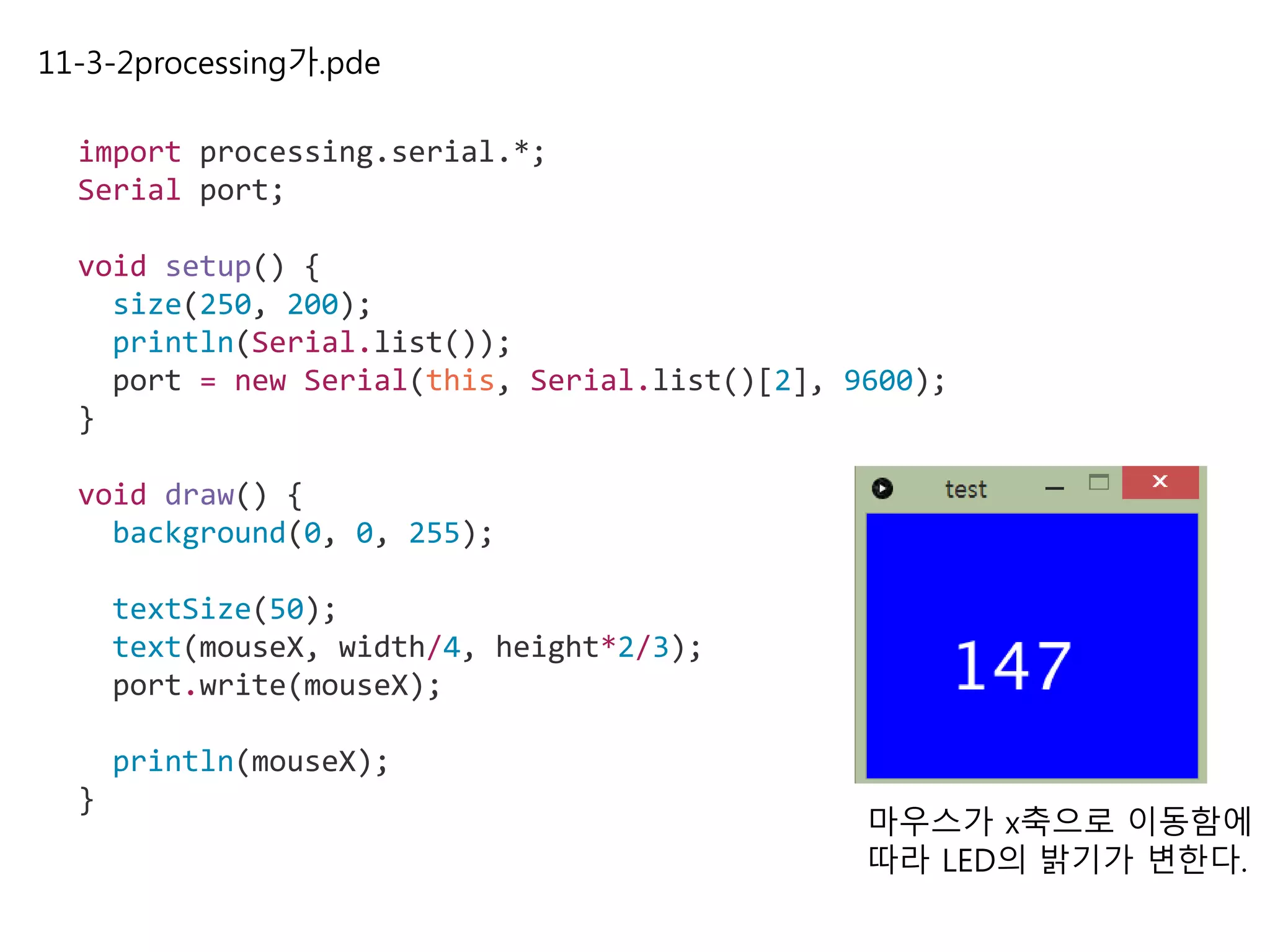 11-3-2processing가.pde
import processing.serial.*;
Serial port;
void setup() {
size(250, 200);
println(Serial.list());
port = new Serial(this, Serial.list()[2], 9600);
}
void draw() {
background(0, 0, 255);
textSize(50);
text(mouseX, width/4, height*2/3);
port.write(mouseX);
println(mouseX);
}
마우스가 x축으로 이동함에
따라 LED의 밝기가 변한다.
 