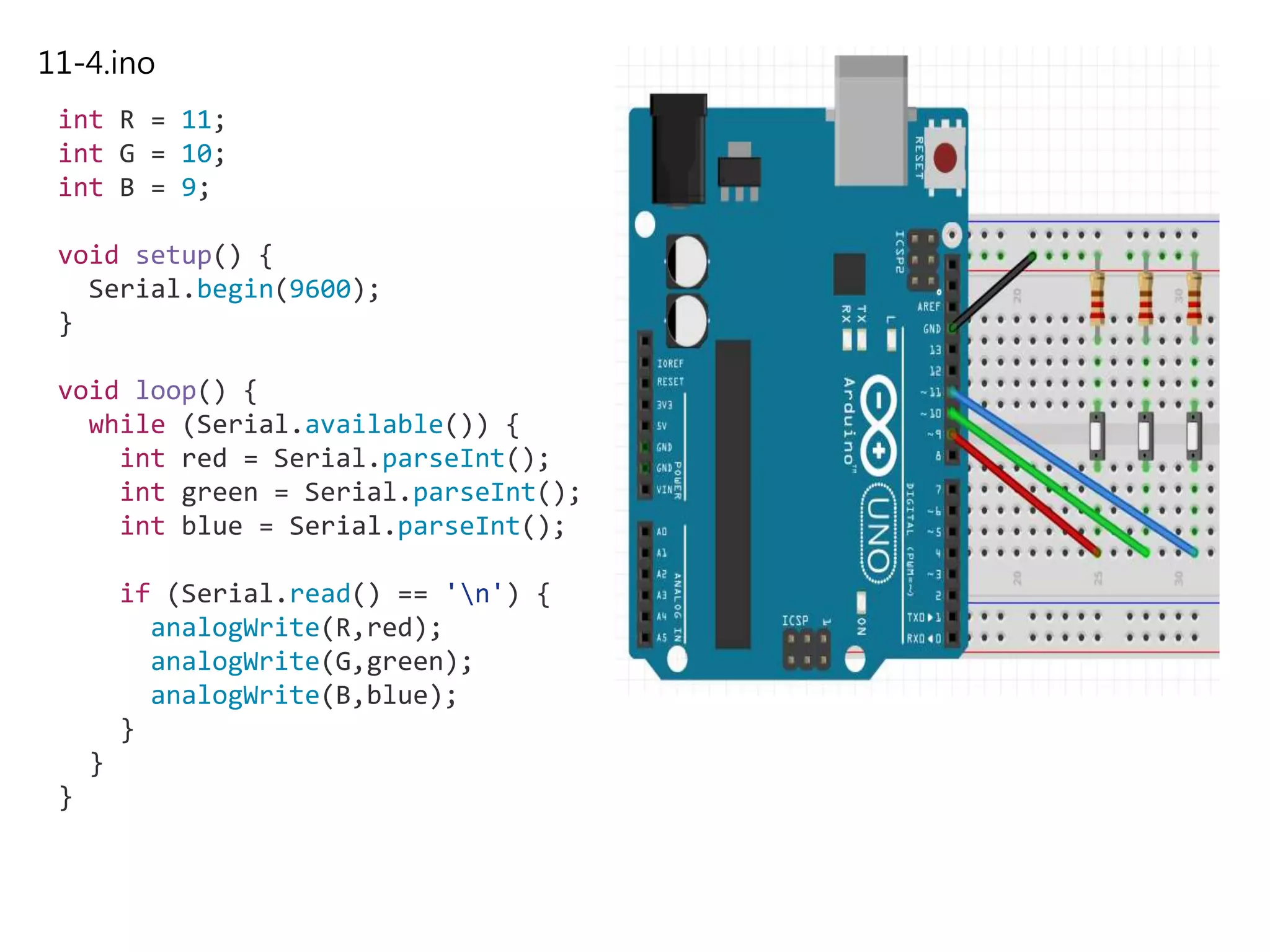 11-4.ino
int R = 11;
int G = 10;
int B = 9;
void setup() {
Serial.begin(9600);
}
void loop() {
while (Serial.available()) {
int red = Serial.parseInt();
int green = Serial.parseInt();
int blue = Serial.parseInt();
if (Serial.read() == 'n') {
analogWrite(R,red);
analogWrite(G,green);
analogWrite(B,blue);
}
}
}
 