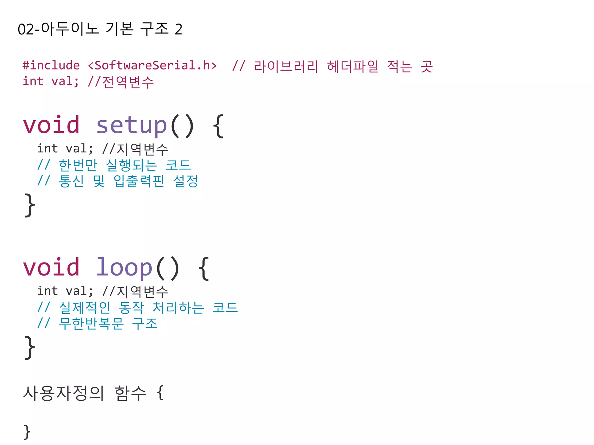 02-아두이노 기본 구조 2
#include <SoftwareSerial.h> // 라이브러리 헤더파일 적는 곳
int val; //전역변수
void setup() {
int val; //지역변수
// 한번만 실행되는 코드
// 통신 및 입출력핀 설정
}
void loop() {
int val; //지역변수
// 실제적인 동작 처리하는 코드
// 무한반복문 구조
}
사용자정의 함수 {
}
 