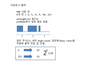아날로그 출력
PWM 사용 핀
6개 핀 ( 3, 5, 6, 9, 10, 11)
analogWrite 함수는
pinMode에서 설정 필요 없음.
T T T
같은 주기(T) 내의 High-Level 점유폭(duty rate)을
이용해 출력 전압 값 조절.
0 0V
255 5V
2
8
단계
 