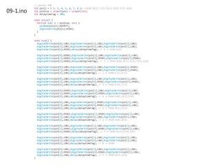09-1.ino
// direct FND
int pin[] = { 2, 3, 4, 5, 6, 7, 8 }; //A[0] B[1] C[2] D[3] E[4] F[5] G[6]
int pinSize = sizeof(pin) / sizeof(int);
int delaytimeTag = 200;
void setup() {
for(int i=0; i < pinSize; i++) {
pinMode(pin[i],OUTPUT);
digitalWrite(pin[i],HIGH);
}
}
void loop() {
digitalWrite(pin[0],LOW);digitalWrite(pin[1],LOW);digitalWrite(pin[2],LOW);
digitalWrite(pin[3],LOW);digitalWrite(pin[4],LOW);digitalWrite(pin[5],LOW);
digitalWrite(pin[6],HIGH);delay(delaytimeTag); // 0 ⇒ HIGH:G(6)
digitalWrite(pin[0],HIGH);digitalWrite(pin[1],LOW);digitalWrite(pin[2],LOW);
digitalWrite(pin[3],HIGH);digitalWrite(pin[4],HIGH);digitalWrite(pin[5],HIGH);
digitalWrite(pin[6],HIGH);delay(delaytimeTag); // 1 ⇒ HIGH:A(0),D(3),E(4),F(5),G(6)
digitalWrite(pin[0],LOW);digitalWrite(pin[1],LOW);digitalWrite(pin[2],HIGH);
digitalWrite(pin[3],LOW);digitalWrite(pin[4],LOW);digitalWrite(pin[5],HIGH);
digitalWrite(pin[6],LOW);delay(delaytimeTag); // 2 ⇒ HIGH:C(2),F(5)
digitalWrite(pin[0],LOW);digitalWrite(pin[1],LOW);digitalWrite(pin[2],LOW);
digitalWrite(pin[3],LOW);digitalWrite(pin[4],HIGH);digitalWrite(pin[5],HIGH);
digitalWrite(pin[6],LOW);delay(delaytimeTag); // 3 ⇒ HIGH:E(4),F(5)
digitalWrite(pin[0],HIGH);digitalWrite(pin[1],LOW);digitalWrite(pin[2],LOW);
digitalWrite(pin[3],HIGH);digitalWrite(pin[4],HIGH);digitalWrite(pin[5],LOW);
digitalWrite(pin[6],LOW);delay(delaytimeTag); // 4 ⇒ HIGH:A(0),D(3),E(4)
digitalWrite(pin[0],LOW);digitalWrite(pin[1],HIGH);digitalWrite(pin[2],LOW);
digitalWrite(pin[3],LOW);digitalWrite(pin[4],HIGH);digitalWrite(pin[5],LOW);
digitalWrite(pin[6],LOW);delay(delaytimeTag); // 5 ⇒ HIGH:B(1),E(4)
digitalWrite(pin[0],HIGH);digitalWrite(pin[1],HIGH);digitalWrite(pin[2],LOW);
digitalWrite(pin[3],LOW);digitalWrite(pin[4],LOW);digitalWrite(pin[5],LOW);
digitalWrite(pin[6],LOW);delay(delaytimeTag); // 6 ⇒ HIGH:A(0),B(1)
digitalWrite(pin[0],LOW);digitalWrite(pin[1],LOW);digitalWrite(pin[2],LOW);
digitalWrite(pin[3],HIGH);digitalWrite(pin[4],HIGH);digitalWrite(pin[5],LOW);
digitalWrite(pin[6],HIGH);delay(delaytimeTag); // 7 ⇒ HIGH:D(3),E(4),G(6)
digitalWrite(pin[0],LOW);digitalWrite(pin[1],LOW);digitalWrite(pin[2],LOW);
digitalWrite(pin[3],LOW);digitalWrite(pin[4],LOW);digitalWrite(pin[5],LOW);
digitalWrite(pin[6],LOW);delay(delaytimeTag); // 8 ⇒ HIGH: ․
digitalWrite(pin[0],LOW);digitalWrite(pin[1],LOW);digitalWrite(pin[2],LOW);
digitalWrite(pin[3],HIGH);digitalWrite(pin[4],HIGH);digitalWrite(pin[5],LOW);
digitalWrite(pin[6],LOW);delay(delaytimeTag); // 9 ⇒ HIGH:D(3),E(4)
}
 