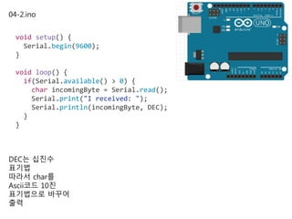 04-2.ino
void setup() {
Serial.begin(9600);
}
void loop() {
if(Serial.available() > 0) {
char incomingByte = Serial.read();
Serial.print("I received: ");
Serial.println(incomingByte, DEC);
}
}
DEC는 십진수
표기법
따라서 char를
Ascii코드 10진
표기법으로 바꾸어
출력
 
