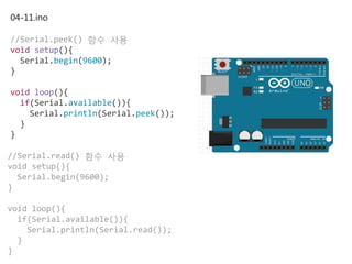 04-11.ino
//Serial.peek() 함수 사용
void setup(){
Serial.begin(9600);
}
void loop(){
if(Serial.available()){
Serial.println(Serial.peek());
}
}
//Serial.read() 함수 사용
void setup(){
Serial.begin(9600);
}
void loop(){
if(Serial.available()){
Serial.println(Serial.read());
}
}
 