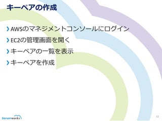 キーペアの作成
AWSのマネジメントコンソールにログイン
EC2の管理画面を開く
キーペアの一覧を表示
キーペアを作成
32
 