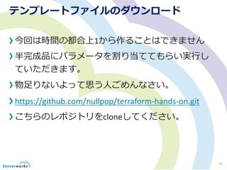 テンプレートファイルのダウンロード
今回は時間の都合上1から作ることはできません
半完成品にパラメータを割り当ててもらい実行し
ていただきます。
物足りないよって思う人ごめんなさい。
https://github.com/nullpop/terraform-hands-on.git
こちらのレポジトリをcloneしてください。
35
 