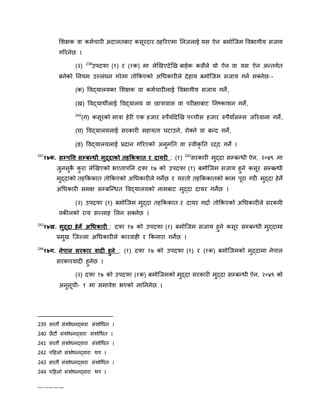 Edited by Ambika Prasad Regmi
शिक्षक िा कमनचारी अदालतबाट कसूरदार ठिररएमा तनजलाई यस ऐन बमोष्ट्जम वििागीय सजाय
गररनेछ ।
(२) 239
उपदफा (१) र (१क) मा लेझखएदेझख बािेक कसैले यो ऐन िा यस ऐन अन्तगनत
बनेको तनयम उल्लंघन गरेमा तोककएको अगधकारीले देिाय बमोष्ट्जम सजाय गनन सतनेछः–
(क) विद्यालयका शिक्षक िा कमनचारीलाई वििागीय सजाय गने,
(ख) विद्याथीलाई विद्यालय िा छािािास िा परीक्षाबाट तनरकािन गने,
240
(ग) कसूरको मािा िेरी एक िजार रुपैयााँदेझख पछचीस िजार रुपैयााँसम्म जररिाना गने,
(घ) विद्यालयलाई सरकारी सिायता घटाउने, रोतने िा बन्द गने,
(ङ) विद्यालयलाई प्रदान गररएको अनुमतत िा स्िीकृ तत रद्द गने ।
241
१७क. सम्पवि सम्बन्धी मुद्दाको िहकककाि र दायरी : (१) 242
सरकारी मुद्दा सम्बन्धी ऐन, २०४९ मा
जुनसुकै कु रा लेझखएको िएतापतन दफा १७ को उपदफा (१) बमोष्ट्जम सजाय िुने कसूर सम्बन्धी
मुद्दाको तिकककात तोककएको अगधकारीले गनेछ र यस्तो तिकककातको काम पूरा गरी मुद्दा िेने
अगधकारी समक्ष सम्बष्ट्न्धत विद्यालयको नामबाट मुद्दा दायर गनेछ ।
(२) उपदफा (१) बमोष्ट्जम मुद्दा तिकककात र दायर गदान तोककएको अगधकारीले सरकारी
िकीलको राय सल्लाि शलन सतनेछ ।
243
१७ख. मुद्दा हेने अधधकारी : दफा १७ को उपदफा (१) बमोष्ट्जम सजाय िुने कसूर सम्बन्धी मुद्दामा
प्रमुख ष्ट्जल्ला अगधकारीले कारिािी र ककनारा गनेछ ।
244
१७ग. नेपाल सरकार िादी हुने : (१) दफा १७ को उपदफा (१) र (१क) बमोष्ट्जमको मुद्दामा नेपाल
सरकारिादी िुनेछ ।
(२) दफा १७ को उपदफा (१क) बमोष्ट्जमको मुद्दा सरकारी मुद्दा सम्बन्धी ऐन, २०४९ को
अनुसूची– १ मा समािेि िएको मातननेछ ।
239 सातौं संिोधनद्िारा संिोगधत ।
240 छैटौं संिोधनद्िारा संिोगधत ।
241 सातौं संिोधनद्िारा संिोगधत ।
242 पहिलो संिोधनद्िारा थप ।
243 सातौं संिोधनद्िारा संिोगधत ।
244 पहिलो संिोधनद्िारा थप ।
 
