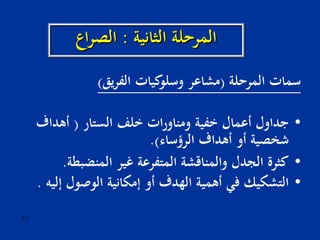 28
‫المرحلة‬ ‫سمات‬(‫يق‬‫ر‬‫الف‬ ‫كيات‬‫وسلو‬ ‫مشاعر‬)
•‫الستار‬ ‫خلف‬ ‫ات‬‫ر‬‫ومناو‬ ‫خفية‬ ‫أعمال‬ ‫جداول‬(‫أهداف‬
‫الرؤساء‬ ‫أهداف‬ ‫أو‬ ‫شخصية‬.)
•‫المنضبطة‬ ‫غير‬ ‫المتفرعة‬ ‫والمناقشة‬ ‫الجدل‬ ‫كثرة‬.
•‫إليه‬ ‫الوصول‬ ‫إمكانية‬ ‫أو‬ ‫الهدف‬ ‫أهمية‬ ‫في‬ ‫التشكيك‬.
‫الثانية‬ ‫المرحلة‬:‫اع‬‫ر‬‫الص‬
 