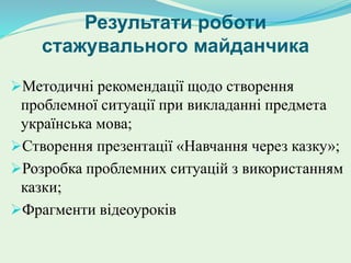 Результати роботи
стажувального майданчика
Методичні рекомендації щодо створення
проблемної ситуації при викладанні предмета
українська мова;
Створення презентації «Навчання через казку»;
Розробка проблемних ситуацій з використанням
казки;
Фрагменти відеоуроків
 