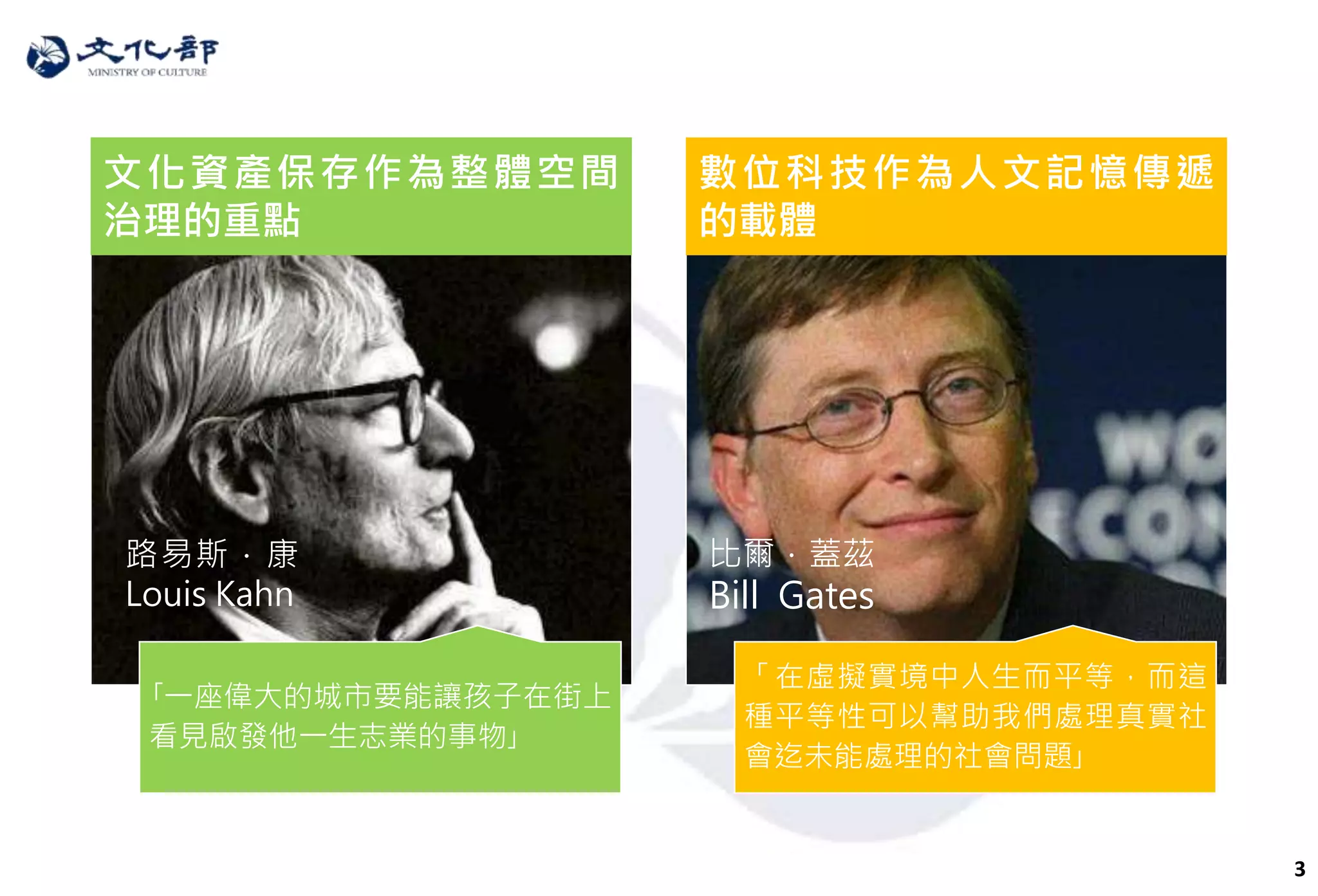 3
｢一座偉大的城市要能讓孩子在街上，
看見啟發他一生志業的事物｣
「在虛擬實境中人生而平等，而這
種平等性可以幫助我們處理真實社
會迄未能處理的社會問題｣
路易斯．康
Louis Kahn
比爾．蓋茲
Bill Gates
文化資產保存作為整體空間
治理的重點
數位科技作為人文記憶傳遞
的載體
 