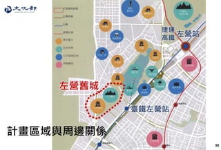 30
計畫區域與周邊關係
左營舊城
捷運
高鐵
左營站
臺鐵左營站
 