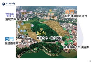 31
南門
城內
東門
北門
西門
舊城門戶重塑再造
貫穿古今，散步舊城
歷史堆疊城市考古
縫合龜山，串接蓮潭
重建臺灣第一石城
 