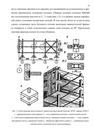 18
мм со сквозным проемом в их середине для насаживания на установленные в про-
ектное вертикальное положение колонны. Сборные колонны сечением 400х400
мм, изготовленные высотой на 2…3 этажа (рис.1.5.), в в уровнях дисков перекры-
тий имеют утончения поперечных сечений. В этих местах бетон по углам колонн
удален, оставшаяся часть бетонного сечения выполнена прямоугольной формы,
но повернута в плане относительно главных осей колонны на 900
. Продольная
сквозная арматура колонн по углам обнажена.
Рис. 1.4. Конструкция многоэтажного здания конструктивной системы "КУБ", вариант КУБ-2
а – принципиальная схема каркаса; б – узел сопряжения колонны с надколонной плитой;
в – стык (шов) сопряжения надколонной плиты с промежуточными плитами; г – стык сопряже-
ния кромки плиты с наружной стеной; д – общий вид фрагмента здания; е – сопряжение надко-
лонной плиты с колонной после омоноличивания
 