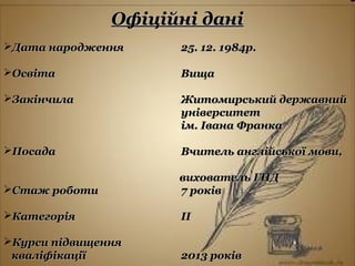 Офіційні даніОфіційні дані
Дата народженняДата народження 25. 12. 1984р.25. 12. 1984р.
ОсвітаОсвіта ВищаВища
ЗакінчилаЗакінчила Житомирський державнийЖитомирський державний
університетуніверситет
ім. Івана Франкаім. Івана Франка
ПосадаПосада Вчитель англійської мови,Вчитель англійської мови,
вихователь ГПДвихователь ГПД
Стаж роботиСтаж роботи 77 роківроків
КатегоріяКатегорія IIII
Курси підвищенняКурси підвищення
кваліфікаціїкваліфікації 20120133 роківроків
 