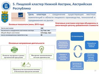 5. Пищевой кластер Нижней Австрии, Австрийская
Республика
22
Цель кластера - соединение существующих местных
компетенций в области пищевого производства, технологий и
продвижения на рынок
Число участников 104
Численность сотрудников участников кластера 11,7 тыс. чел.
Общий оборот участников 2,8 млрд. евро
число инновационных проектов в год 40
Основные направления деятельности
Базовые показатели (июнь 2015 года)
Развитие внутреннего рынка
органической продукции
Внедрение инновационных
методик производства
Производство высококачественных
и безопасных продуктов питания
Ключевые участники кластера объединены в
законченную цепочку добавленной стоимости
 